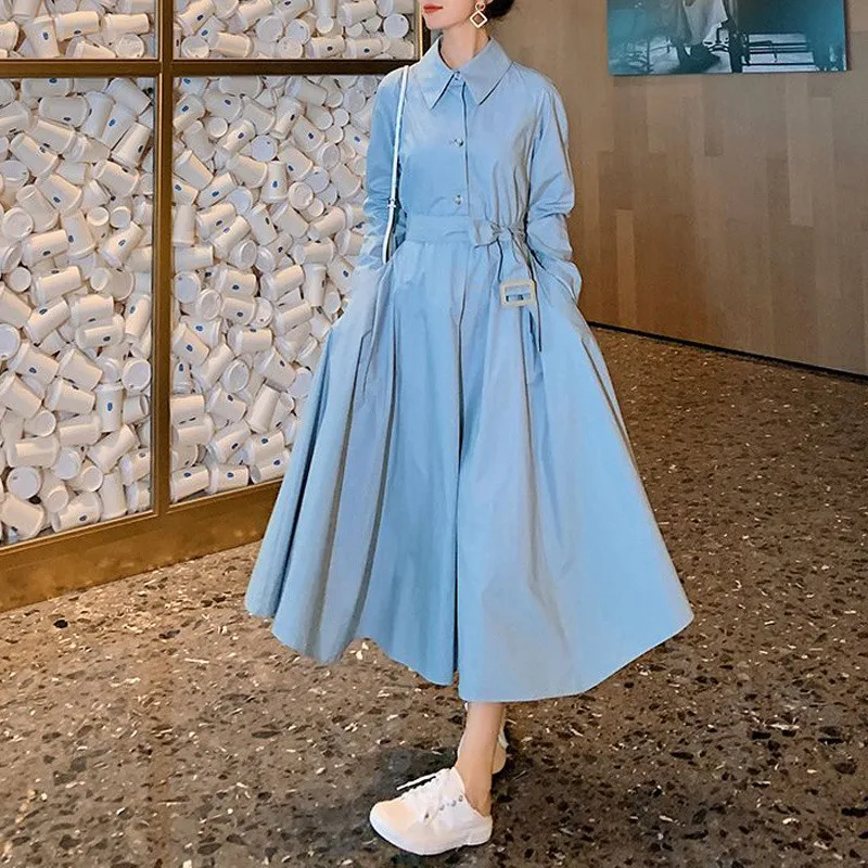 Vintage French Style Sweet Fairy Belt Party Dresses for Women Spring New Fashion Slim Blue Streetwear Shirt Midi Dress Vestidos