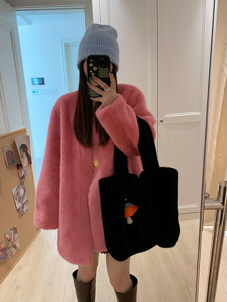 

Clothland Women Retro Thick Fur Coats One Button Long Sleeve Basic Candy Color Female Thick Outwear Jackets Mujer CB252