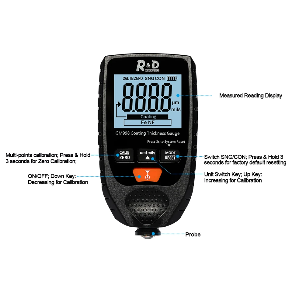 

GM998 Car Paint Coating Thickness Gauge Car Paint Electroplate Metal Coating Thickness Tester Meter 0-1500um Fe & NFe Probe