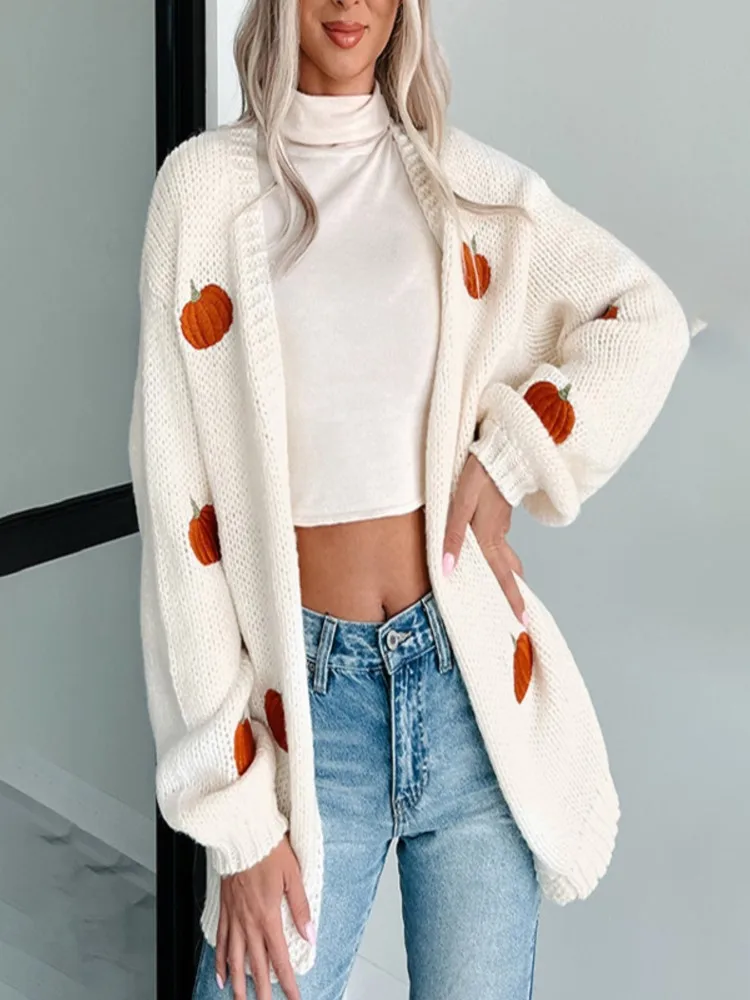 

Новый осенне-зимний Хэллоуин тыква вышивка свободный женский вязаный кардиган с длинными рукавами, повседневный женский свитер с открытой передней частью пальто