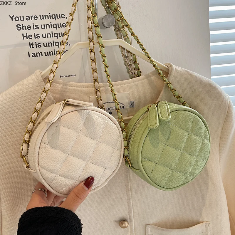 Mini Small Round Bag New Style Fashion Ringer Lattice Chain Crossbody Bag Women's PU Leather Bag Shoulder Bag