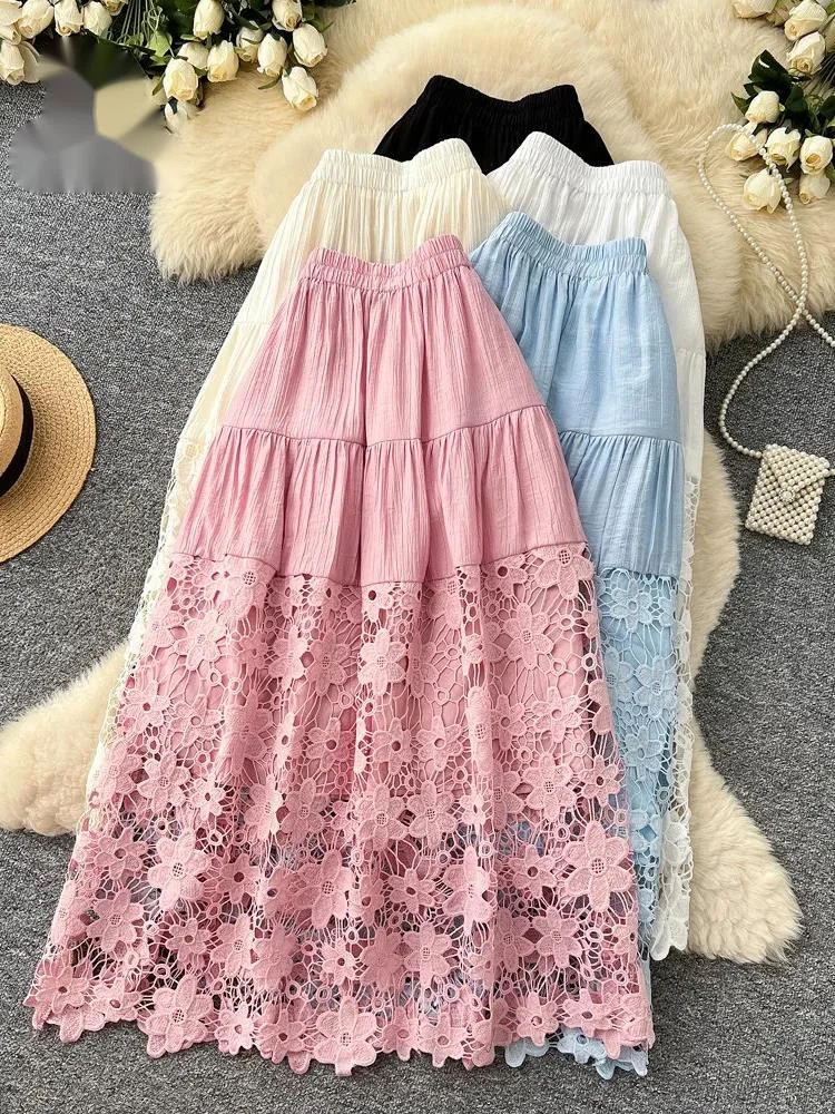 

Lace Embroidery Holiday Skirt Female High Waist Crochet Hook Loose A-line Summer Splice Elegant Casual Midi Skirt