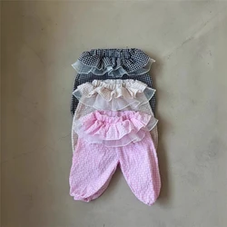 2025 봄 새 아기 소녀 격자 무늬 바지 느슨한 유아 캐주얼 바지 어린이 소녀 레이스 메쉬 스커트 바지 코튼 어린이 하렘 바지