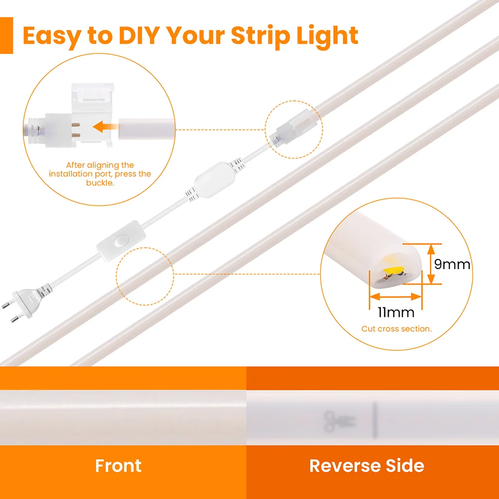 Tira de luces Led de neón COB redonda, interruptor de CA de 220V, Kit de alimentación de la UE, 3000K, 4000K, 6000K, lámpara de tubo Flexible impermeable, decoración del hogar, 270