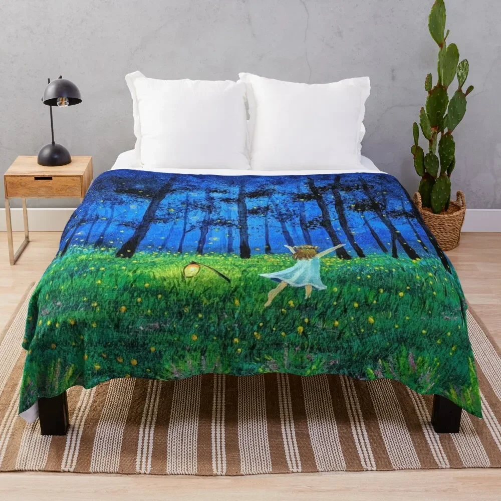 

Fireflies in forest and a little girl Throw Blanket Cozy Throw Blanket Birthday Gift for Him Her