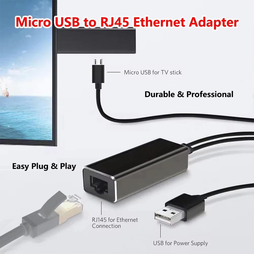 

10/100Mbps Aluminum Alloy Ethernet Adapter for TV Stick | Micro USB Power to RJ45 Network Card Media Player Accessories