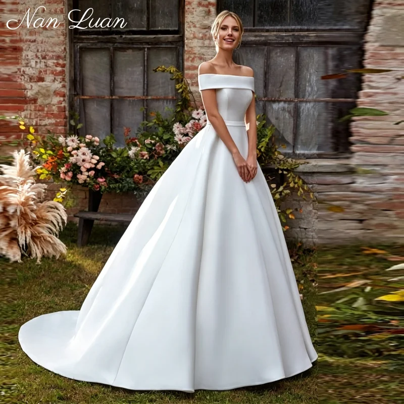 Elegant Off Shoulder Satin Ball Gown Wedding Dress Chapel Train Vestidos De Novia Customized