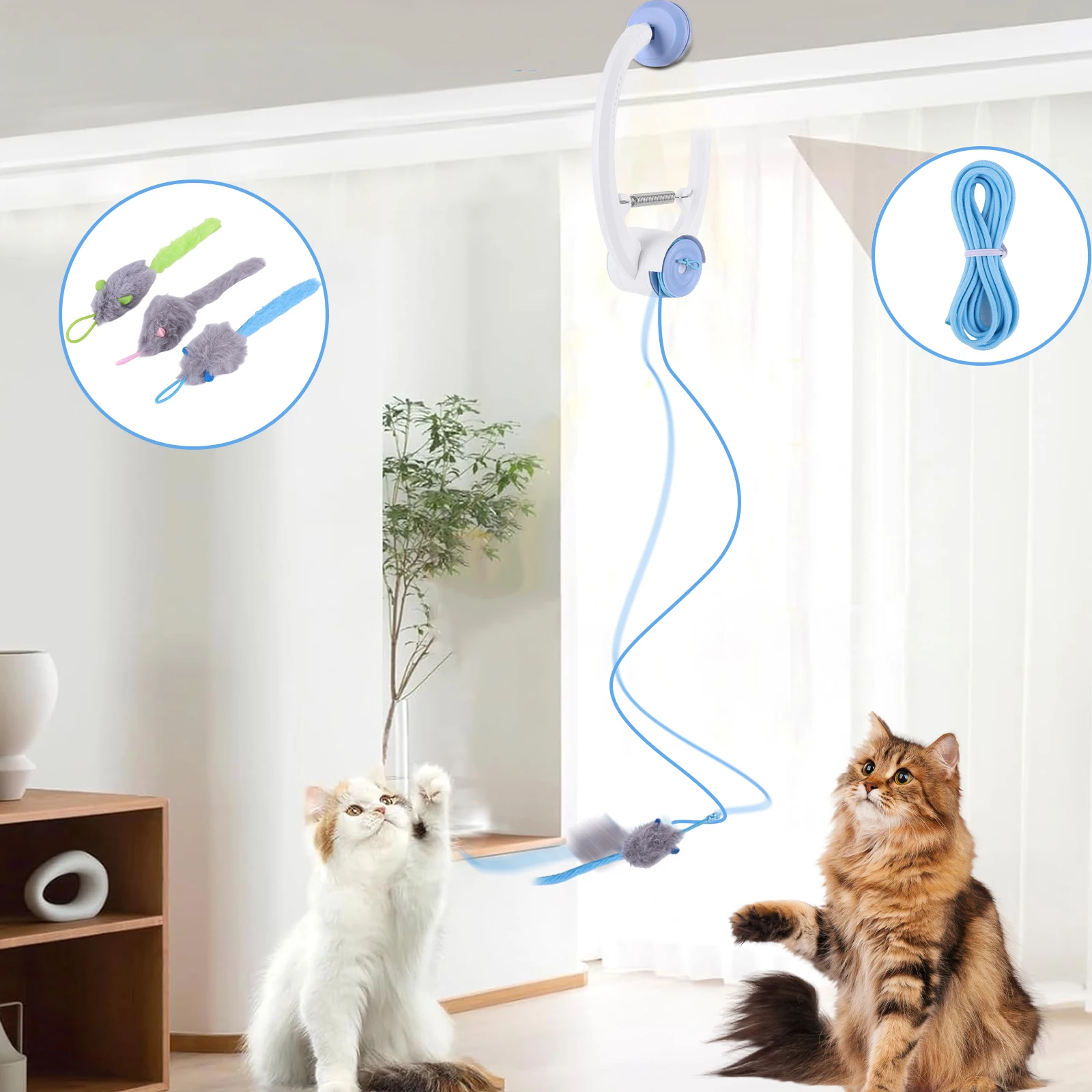 Door Hanging Automatic Retractable Kitten Toys with 3 Catnip Mice Interactive Cat Teaser Retractable Toys for Bored Cats