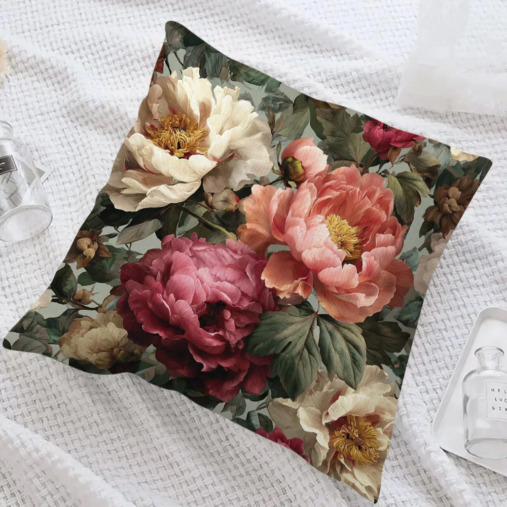1pc Vintage Peony Floral Pillow Cover, Pink & Beige Botanical Print Cushion Case for Sofa Bedroom Home Decor Gift 40x40cm