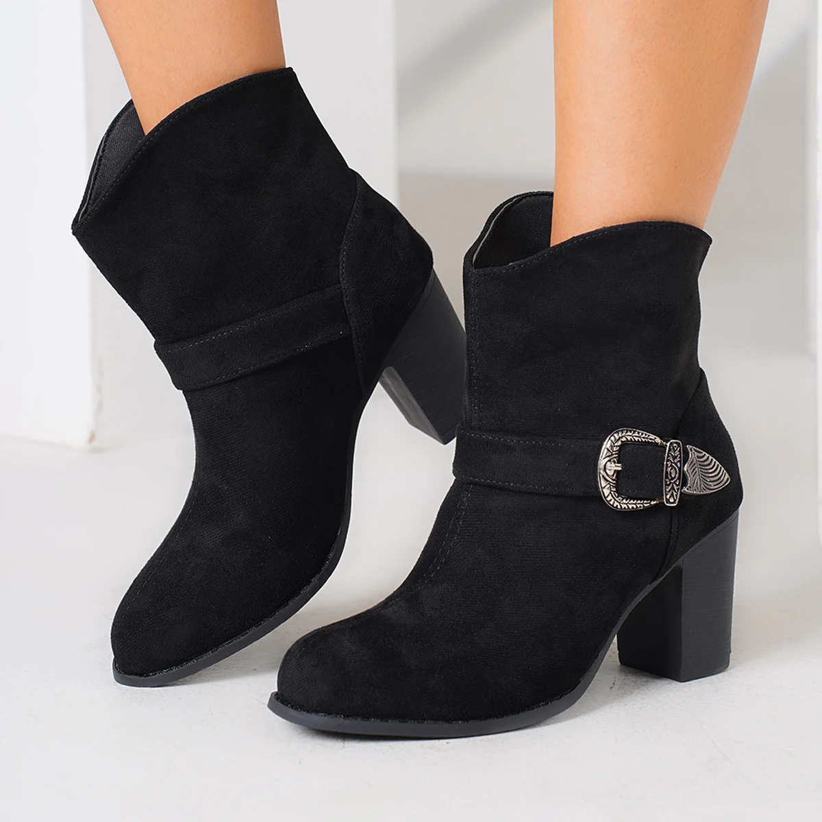 Woman Boots Spring Autumn Round Toe Mid Heel Boots Black Thick Heel Big Size Short Boots Women Fashion Sexy High Heels Shoes