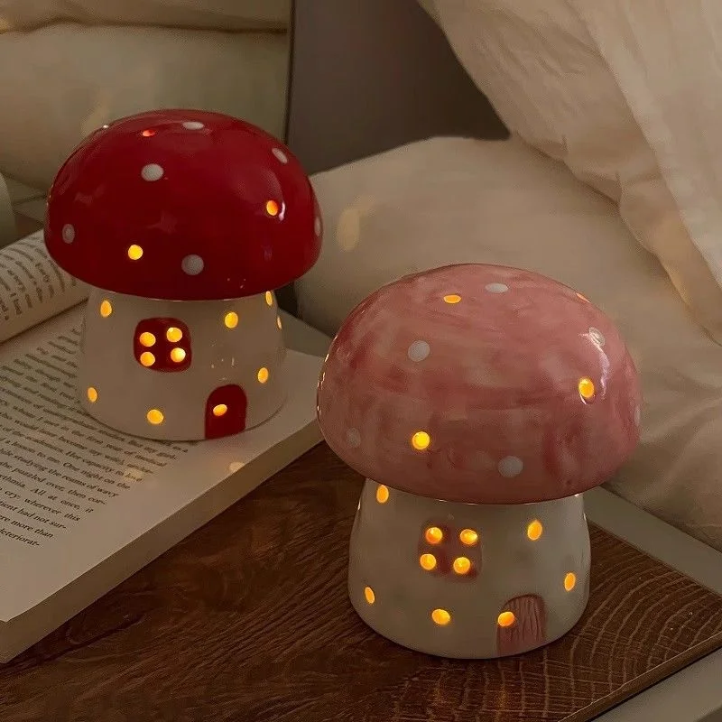 Mushroom Ceramic Night Light Home Bedroom Desktop Decoration Atmosphere Light Ornament Gift for Girlfriend\'s Birthday