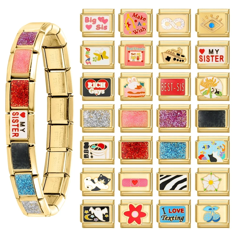 빈티지 골드 컬러 꽃 귀여운 고양이 토끼 눈 체리 이탈리아 매력 링크 비즈, 맞춤 9mm 스테인레스 스틸 팔찌, DIY 만들기