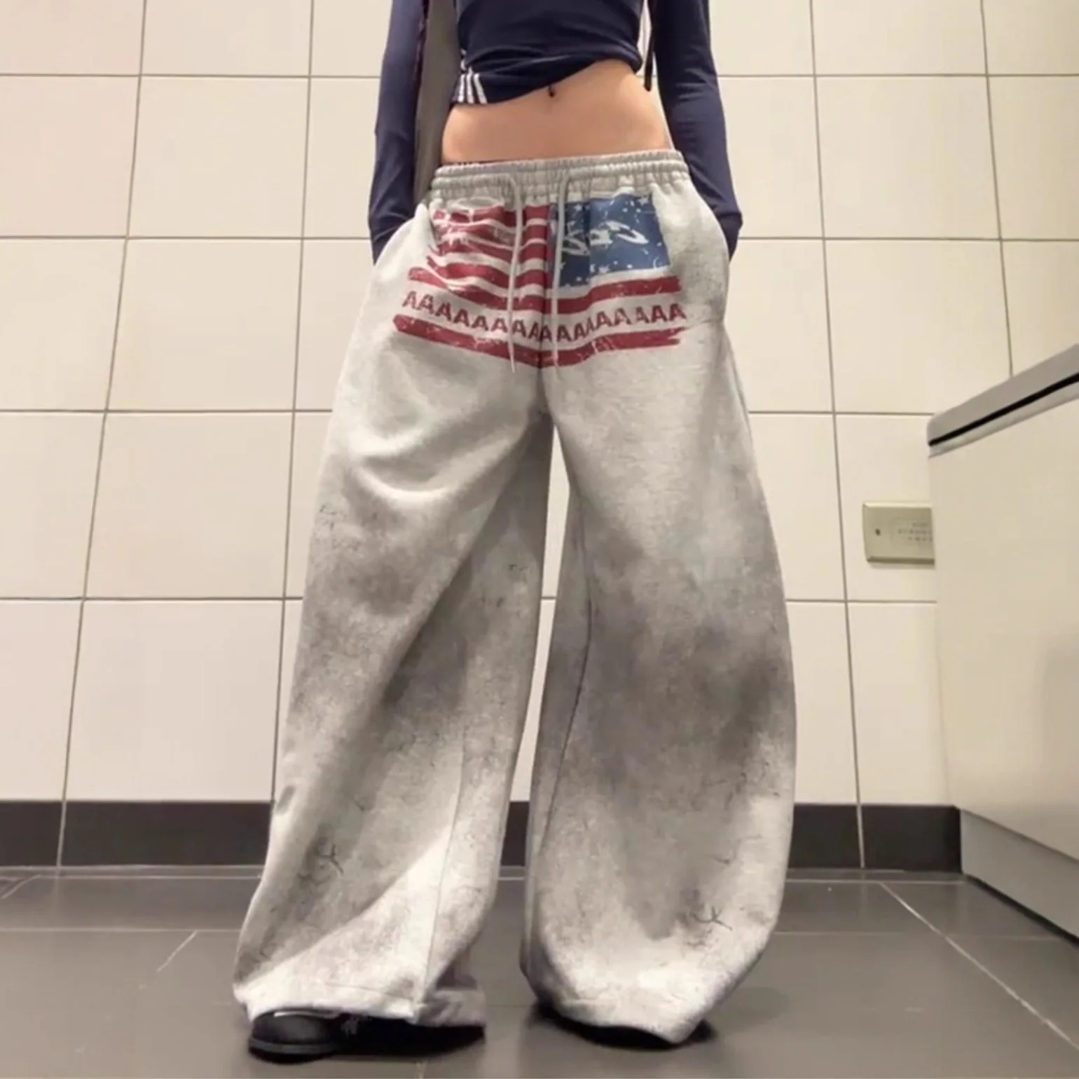 

American Street Casual Sweatpants Women's Autumn Flag Print Drawstring Gray Wide-leg Pants Loose Floor Trousers