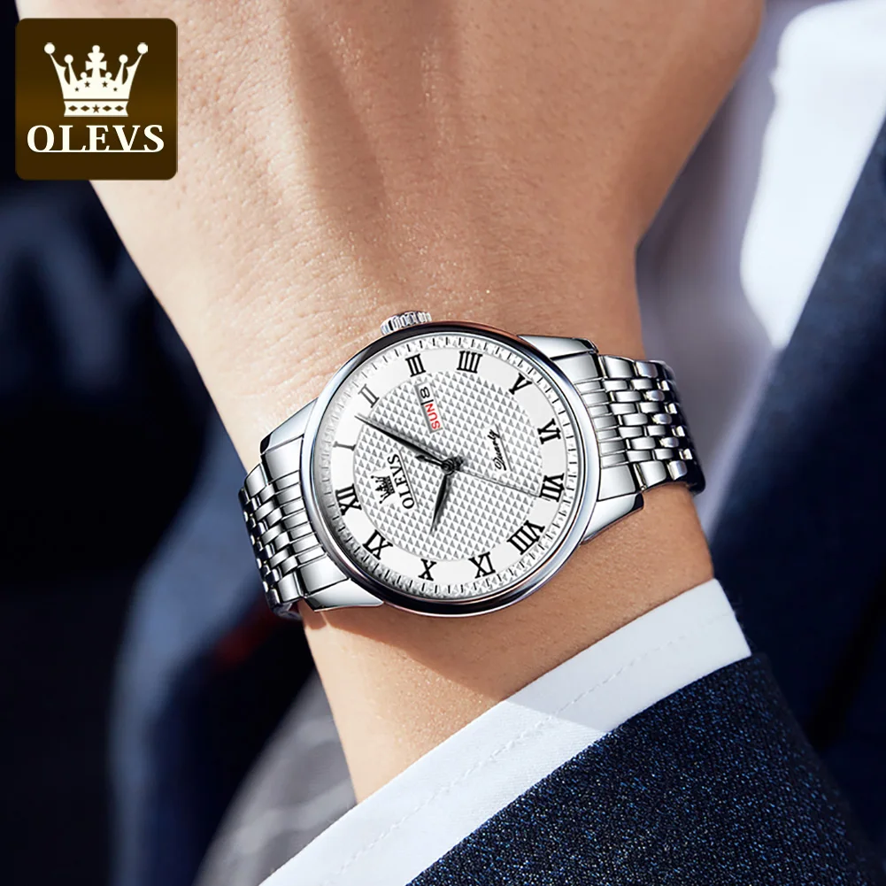 OLEVS Men‘s Watches Classic Simple Original Quartz Watch for Man Stainless Steel Waterproof Roman Scale Wristwatch Date Week