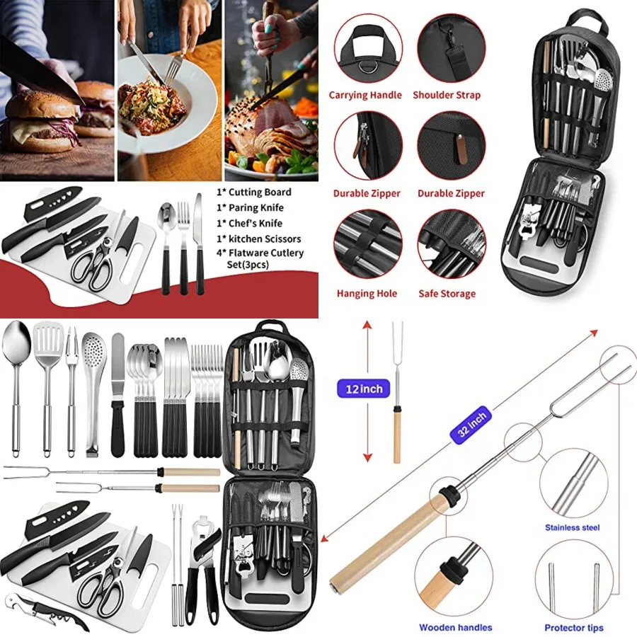 

Portable Camping Kitchen Utensil Set-27 Pcs Cookware Kit, Stainless Steel Outdoor Cooking and Grilling Utensil Organizer Travel