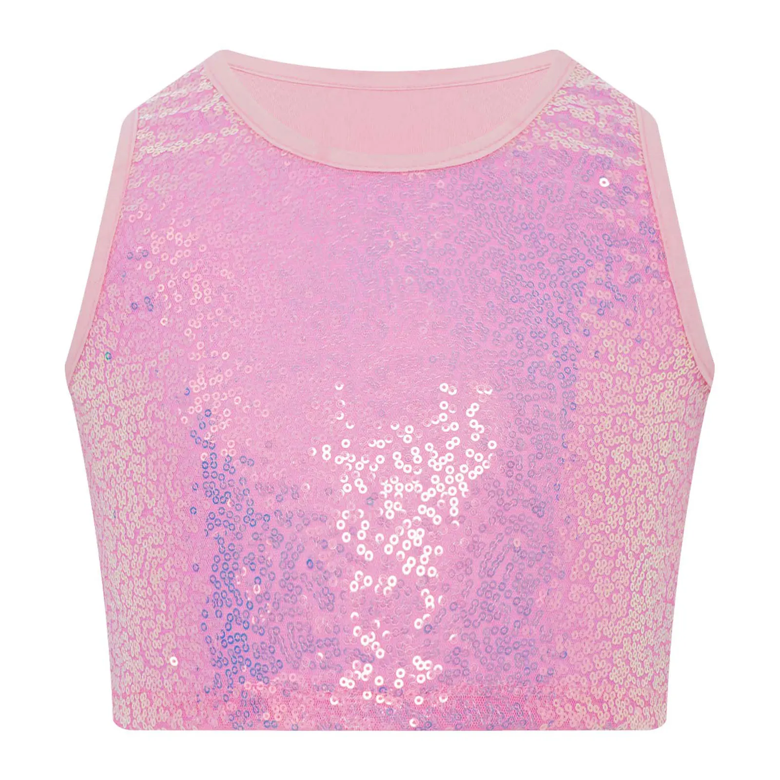 

Kids Girls Vest Shiny Sequin Crop Top Tees Round Neck Sleeveless Tank Top Jazz Dance Cheerleading Stage Performance Streetwear