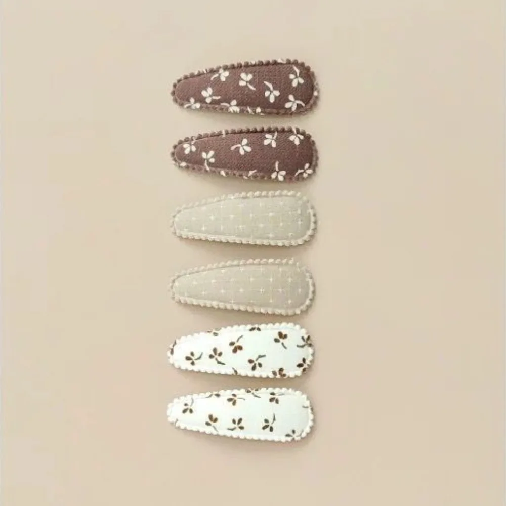 

6 Pcs/Set Lovely 2inch Baby Hair Clips Handmade Lace Embroidery Snap Clips Floral Print Cotton Plaid Barrettes for Baby Girl