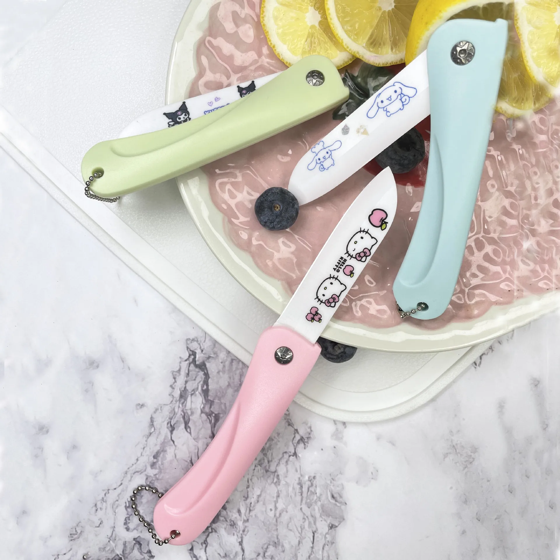 Hello Kitty Kawaii Sanrio Cartoon Anime Cinnamoroll Kulomi Ceramic Folding Fruit Knife Cute Pink Portable Knife