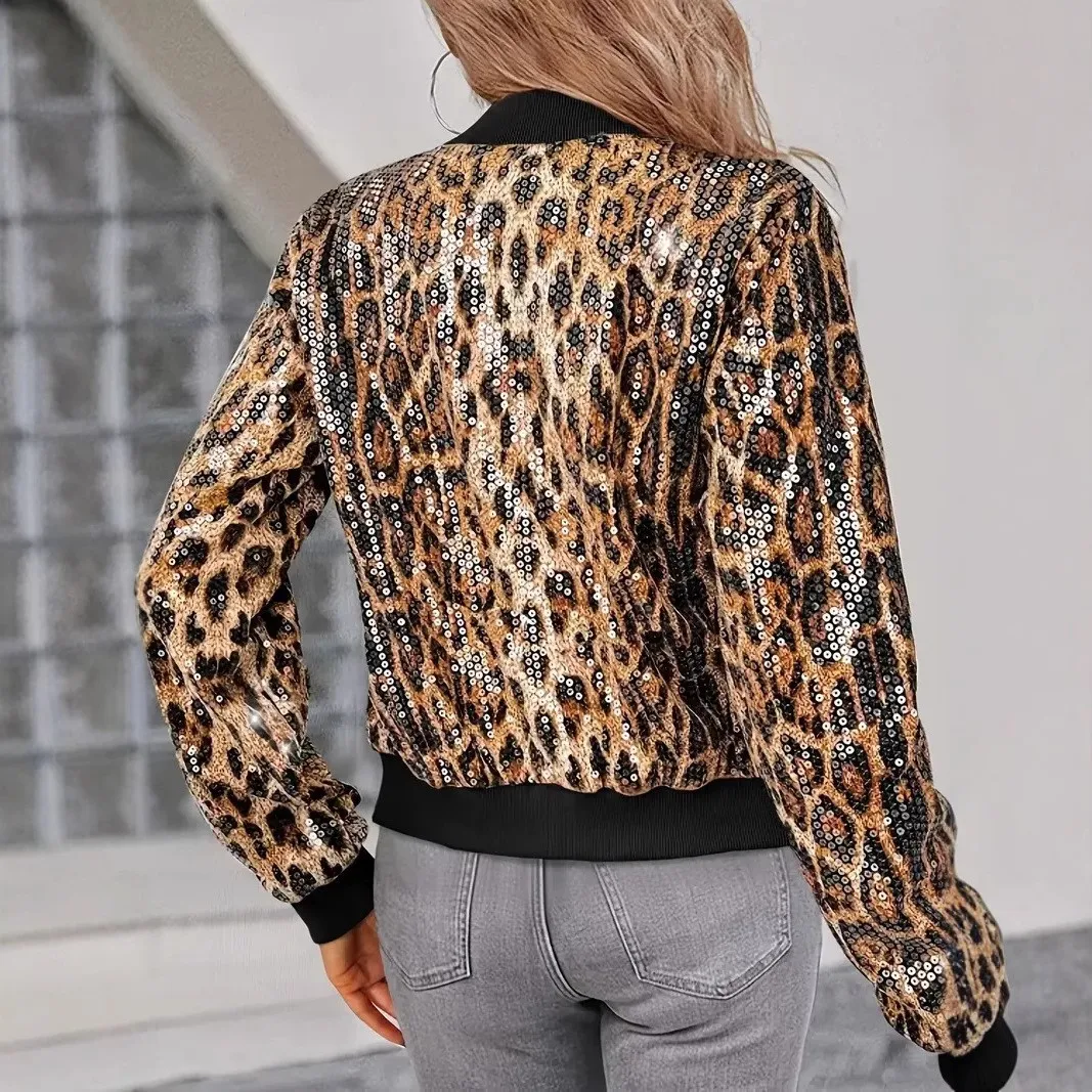 Women's Jacket Sequin Loose Fit Jackets Long Sleeve Zipper Baseball Jacket Cropped Ribbed Cuffs Bomber Jacket Women Style