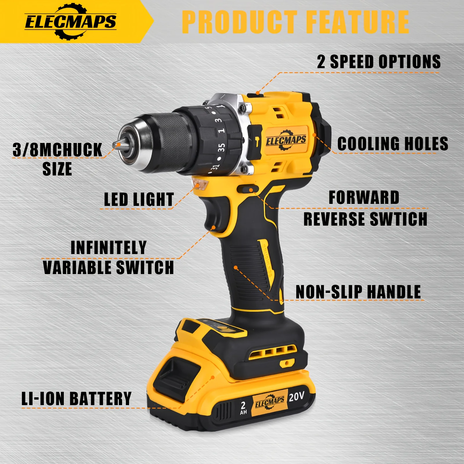 

ELECMAPS Cordless Drill (for Dewalt 20V Battery/3/8 Inch Durable Metal Chuck) 2-Speed Settings, Ideal for Home Drilling, Optional Cordless Drill Kit with Battery And Charger, Gift for Men