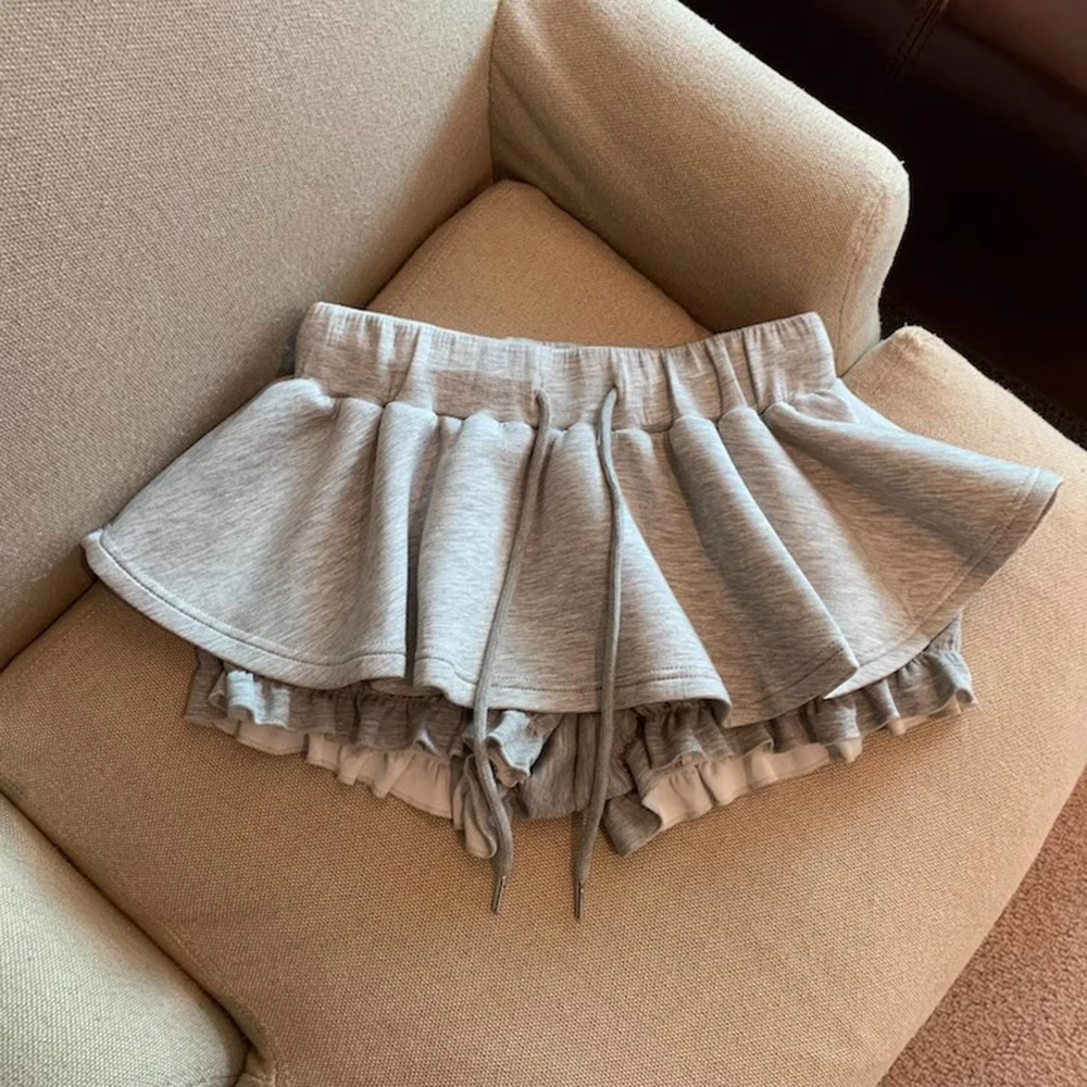 Gray Mini Pleated Skirt Women's Drawstring Elastic Waist Lace Trim Bloomer Ballet Style Sweet Summer Korean Female Trendy Skirt