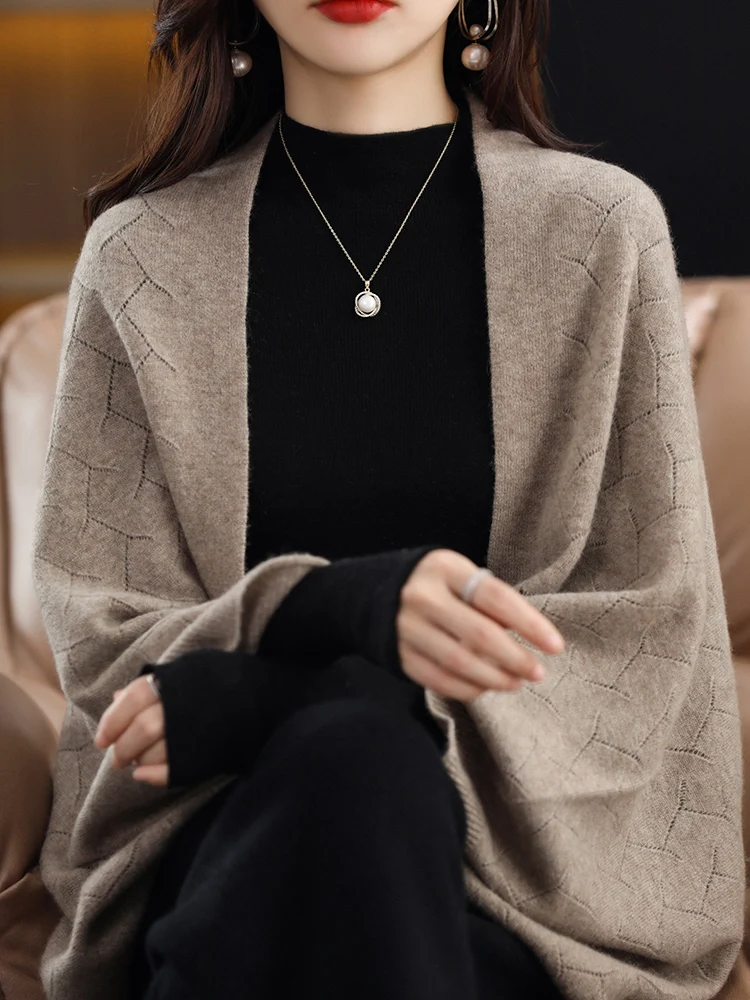 Yoyoselect 100% Cashmere Women's Shawl Autumn Winter Hollow Out Cardigan Elegant Quality Sweater Soft Warm Popular Knitwear