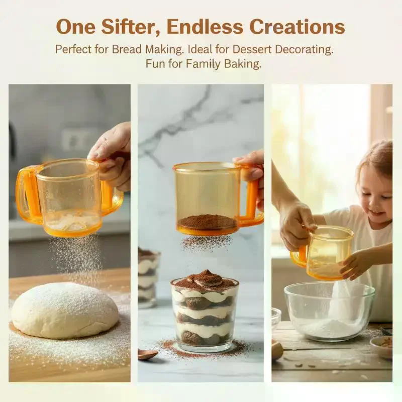 1Pcs Non-Stick Baking Tools Semi-Automatic Flour Sifter Transparent With Hand Press Design Kitchen Filter Screen Flour Sieve