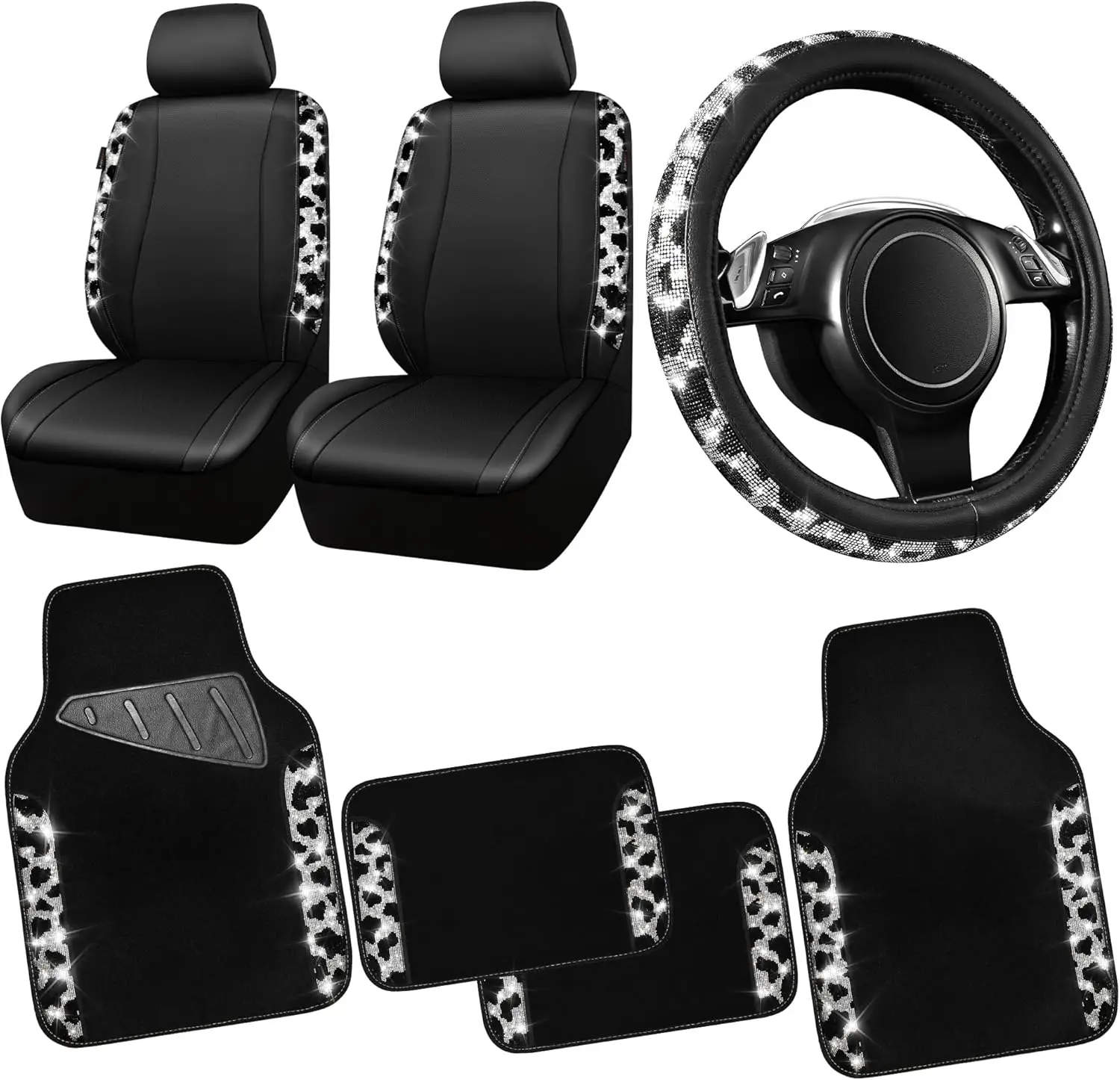 

Sparkly Leather Cow Print Car Seat Covers with Rhinestone Floor Mats and Steering Wheel Cover, Universal Fit for Most Cars