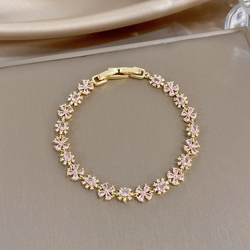Freetry Luxury Pink Zirconia Flower Chain Bracelet for Women Boho Gold Color Copper Bangle Wristband Fashion Design Jewelry Gift