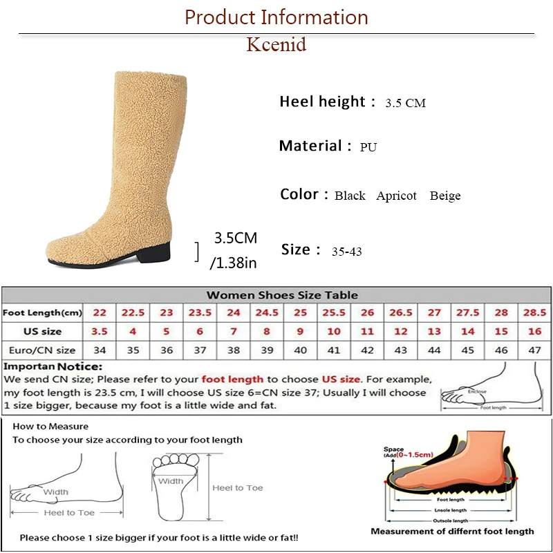 Kcenid Leisure Big Size 35-44 Concise Slip On Winter Warm Boots Women Fashion Square Toe Chunky Heels Daily Soft Knee High Boots