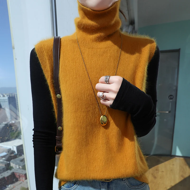 2024 Autumn and Winter New High neck 100% Mink Cashmere Sweater Sleeveless Vest Women's Knitted Pullover Loose Layered Camisole