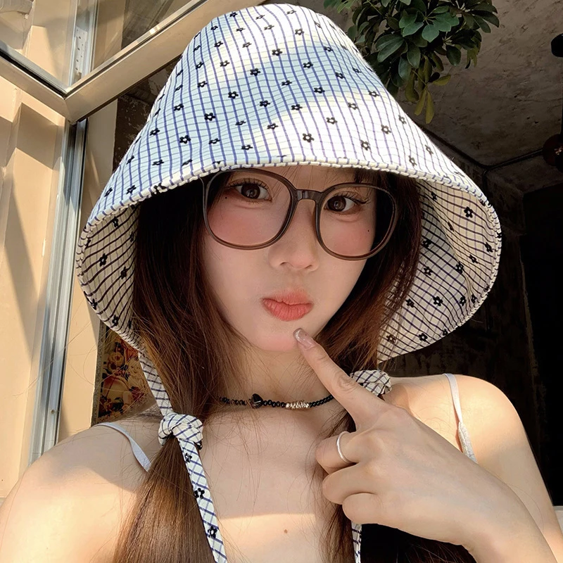 Retro Original Custom Plaid Flowers Large Brim Wrap-around Fisherman's Hat Summer UV Sunshade Versatile Sun Hat Show Face
