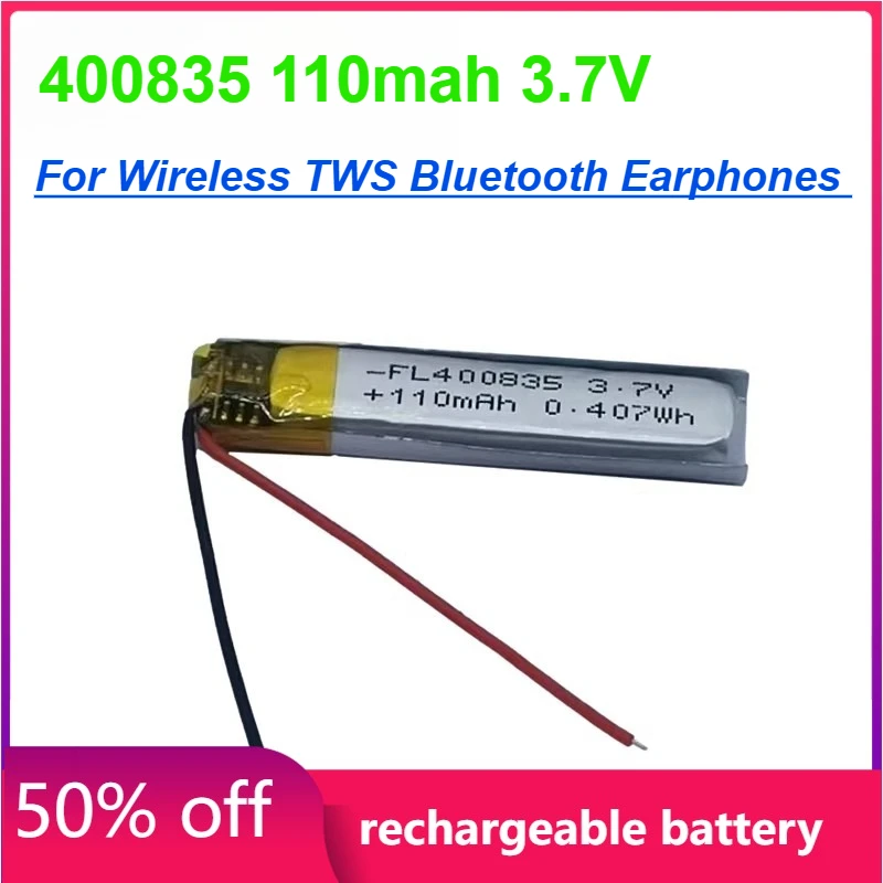 

400835 110mah 3.7V Lithium Battery for Wireless TWS Bluetooth Earphones Recharable Battery