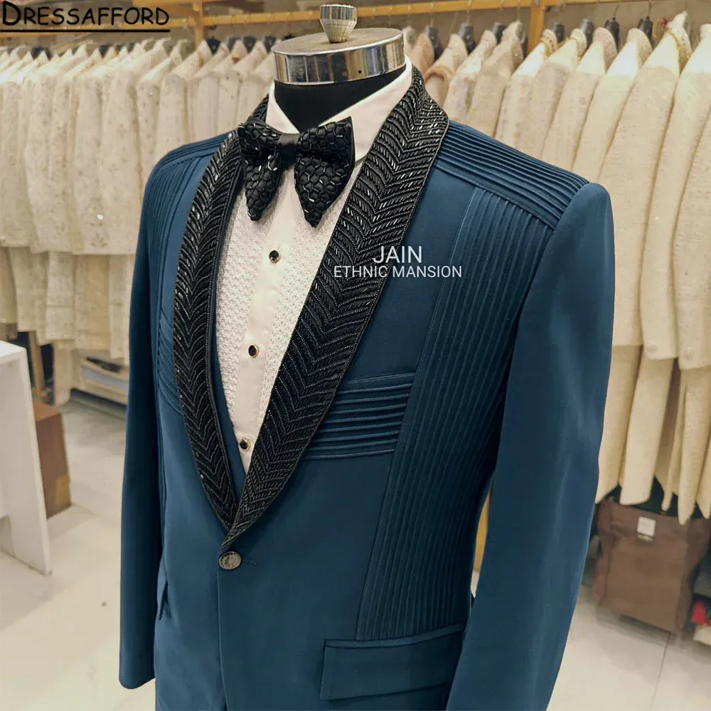 Blue Pleat Men's Suits Fashion 2 Pieces Sets Groom Prom Blazers Handmade Beaded Decoration Tuxedos Men