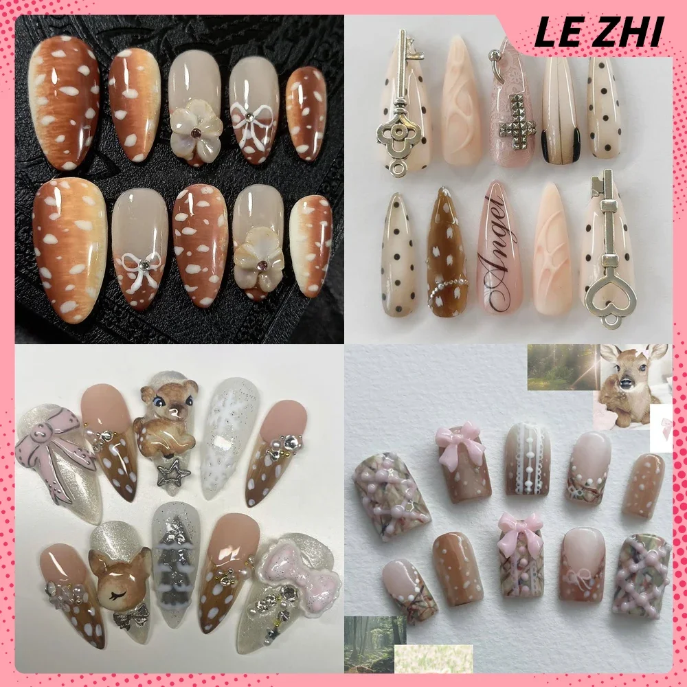 Autumn/winter 2025 Popular Fawn Pattern Press On False Nail Art 10Pcs Handmade 3D Hand-Drawn Little Deer Nails Sticker Gift