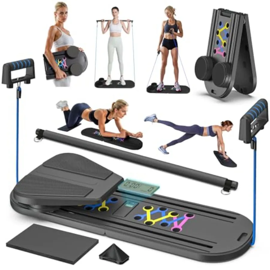

Foldable Pilates Board for Home Workout 6 in 1 Multifunctional Equipment for Women Black Mat with Adjustable Resistance Bands a