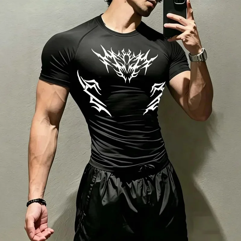 Men's Compression Sports T-Shirt Tribal Thorn Print Quick Dry Short Sleeve Gym Running Cycling Athletic Tee