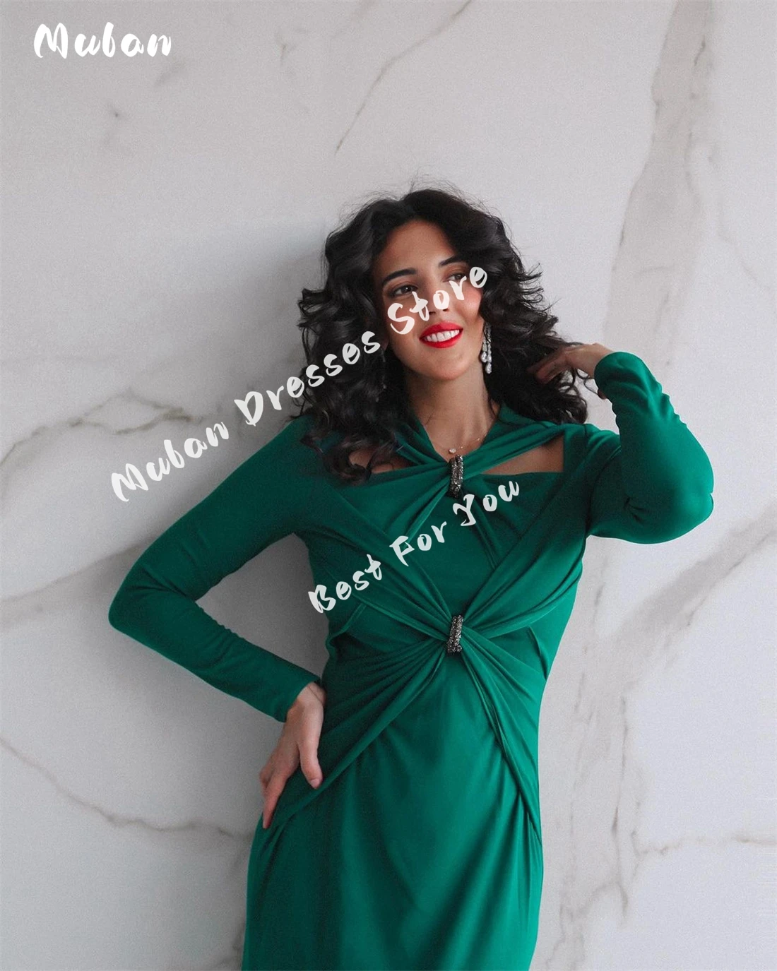 Customized Green Long Sleeve New Design Prom Dresses Pleated Cross Noble Wedding Party Women Fashion Celebrity Evening Gown 2026