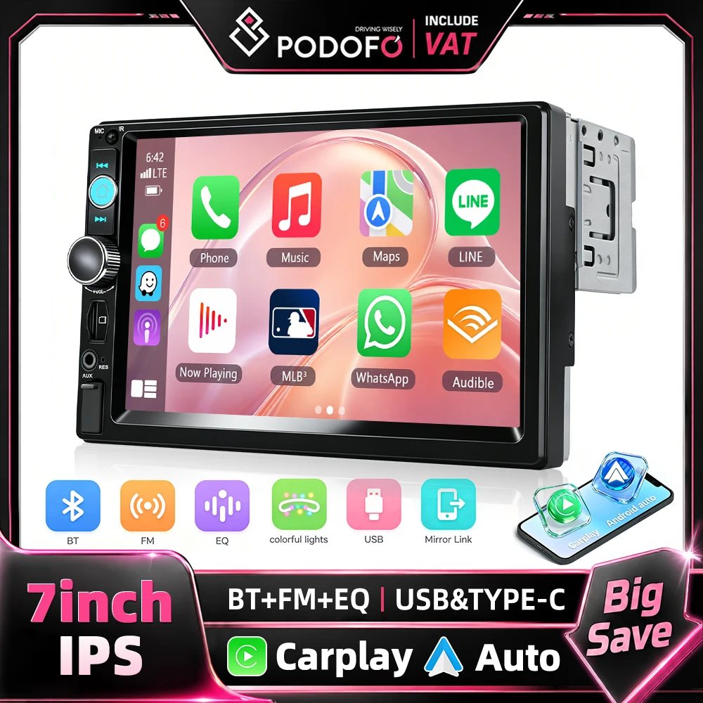 Podofo 7-calowy 1 Din Radio Samochodowe MP5 Odtwarzacz Multimedialny Bezprzewodowy Carplay Android Auto Mirror Link HD 1024*600 Ekran Dotykowy BT Radio FM USB AUX Klonowanie Ekranu Uniwersalne Radio