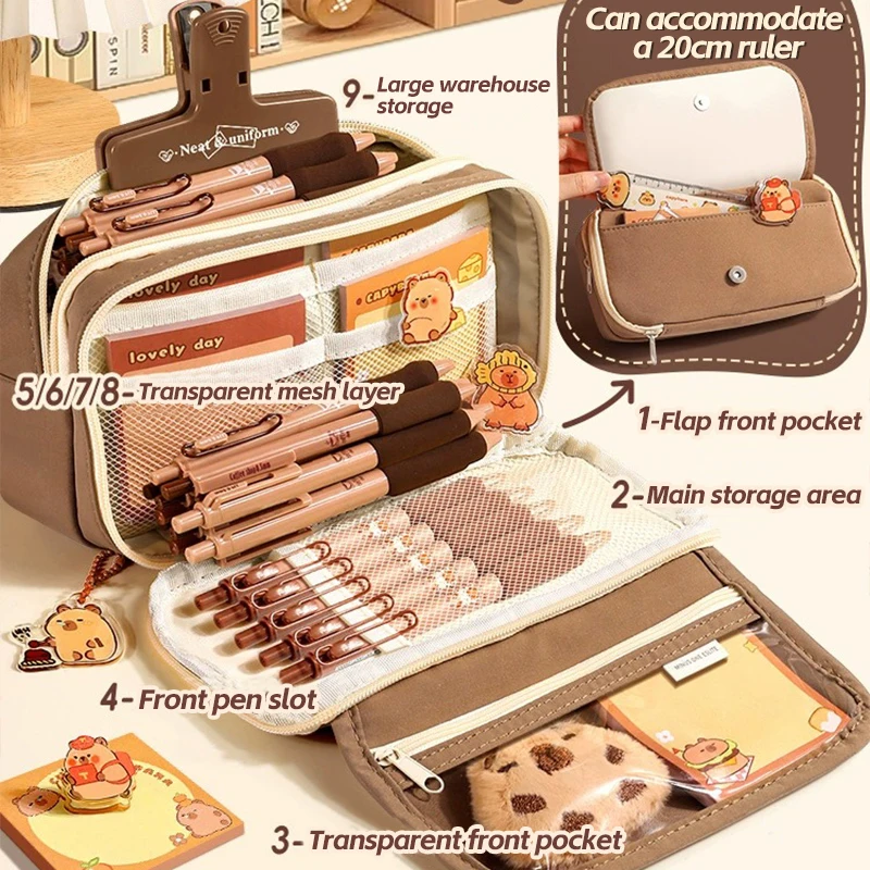 Cute capybara 8-Piece Pencil Box Set, Large Capacity Multi Layer, Canvas Bag, Stationery Storage Box, Suitable for Daily Storage