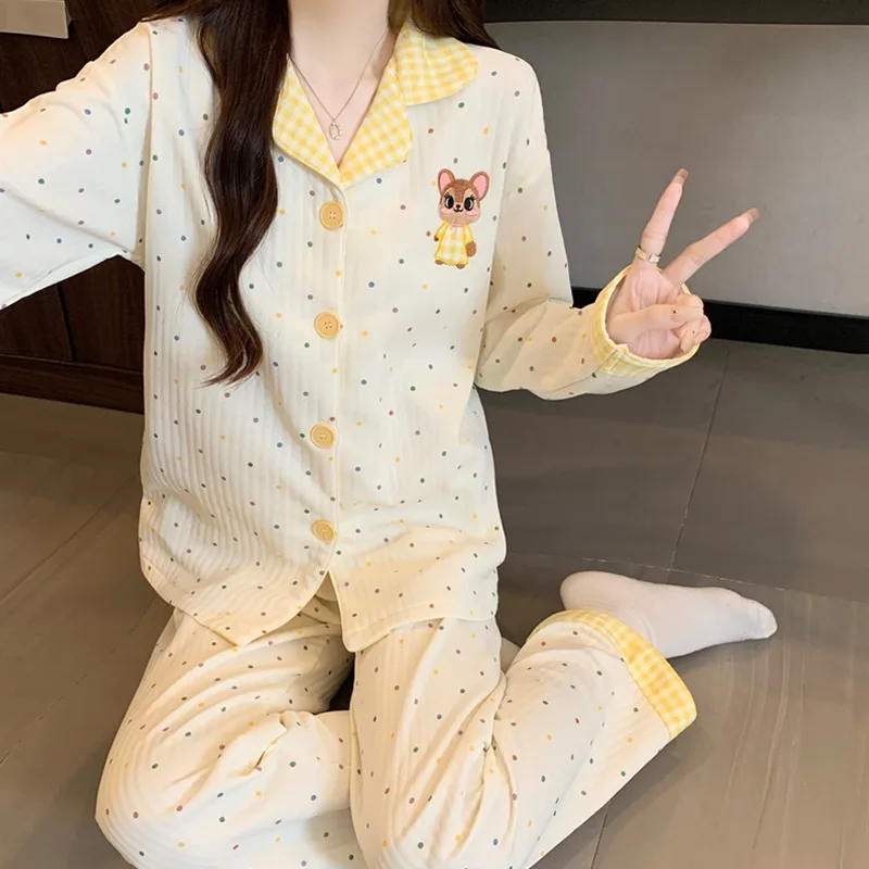 2 قطعة/المجموعة النساء أزياء طويلة الأكمام منامة الخريف والشتاء نقطة التطريز خنزير لطيف لينة عارضة ملابس خاصة مجموعة خارج المنزل #6