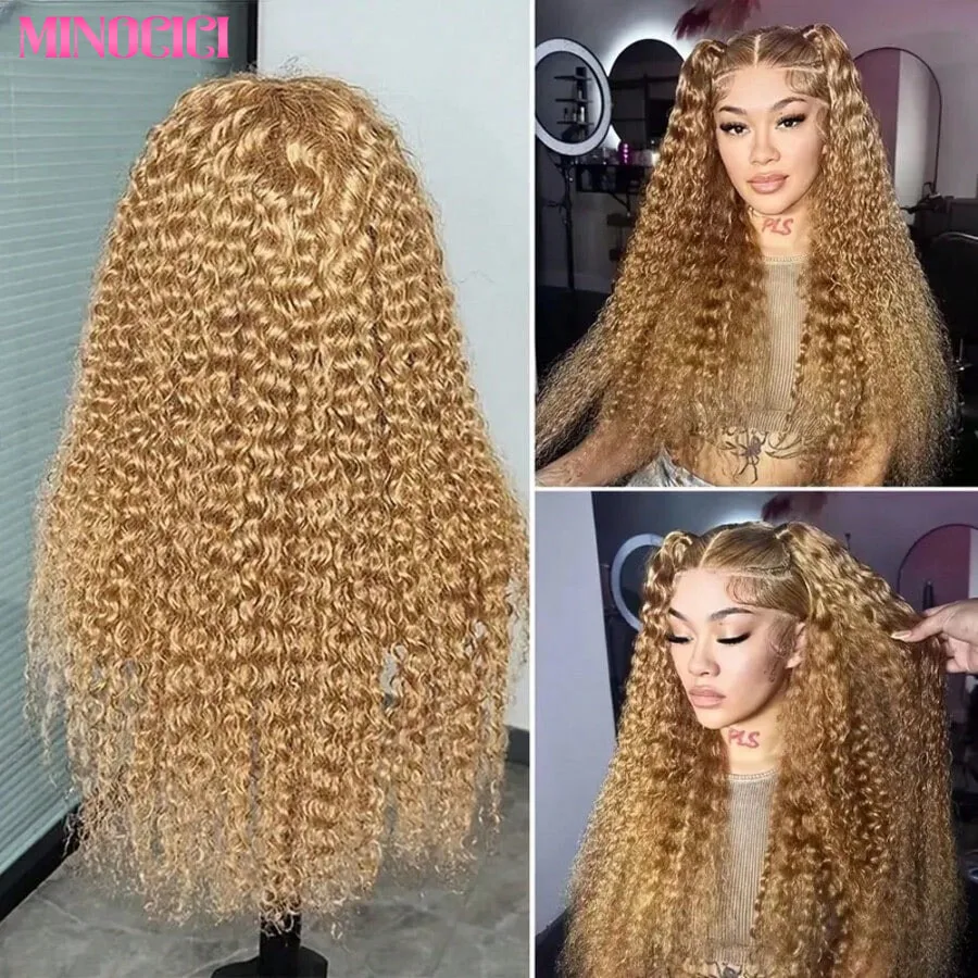 

# 27 Вьющиеся HD Прозрачные Парики Фронта Шнурка Глубокая Волна Медовый Блондин Парик Человеческих Волос Для Женщин Предварительно Сорванные Парики 200% Плотность 30 Дюймов