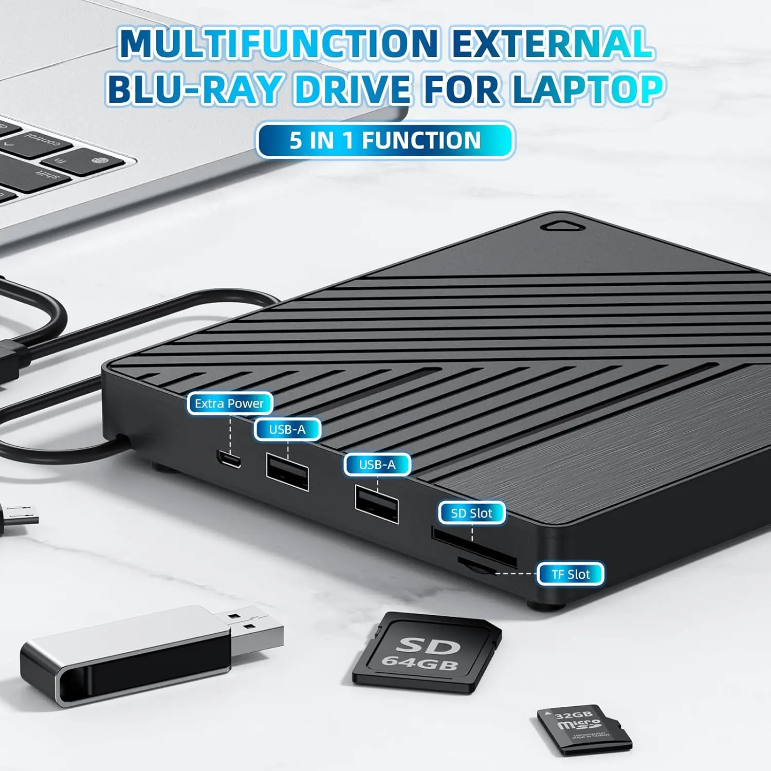 External Blu-ray Drive  USB 3.0 & USB-C DVD/CD Burner, BD Reader No BD Burning with Dual USB-A Ports & SD/TF Readers–for laptop