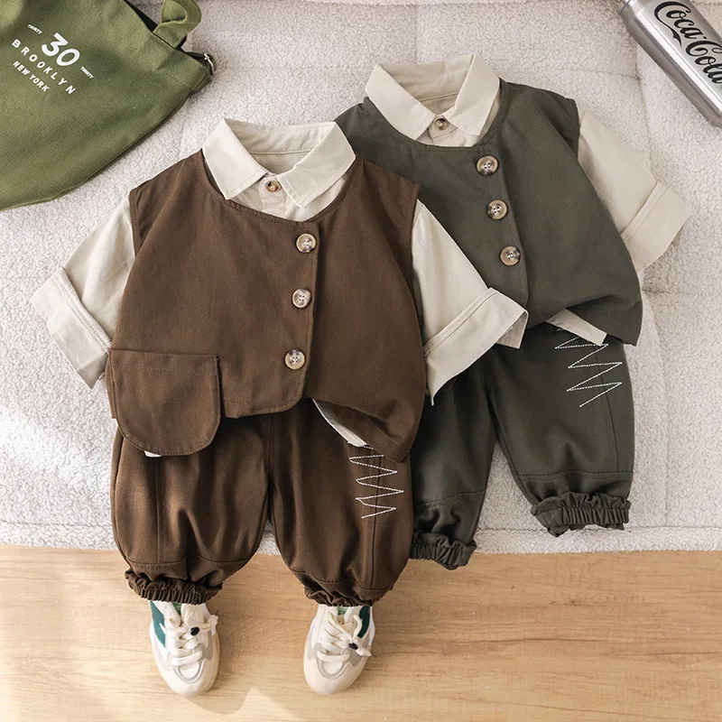 Children Fashion Vest Shirt Pants Suit Toddler Outfit Baby Boys Clothing Sets New 2025 Autumn Spring Kids Boys 3pcs Clothes Suit