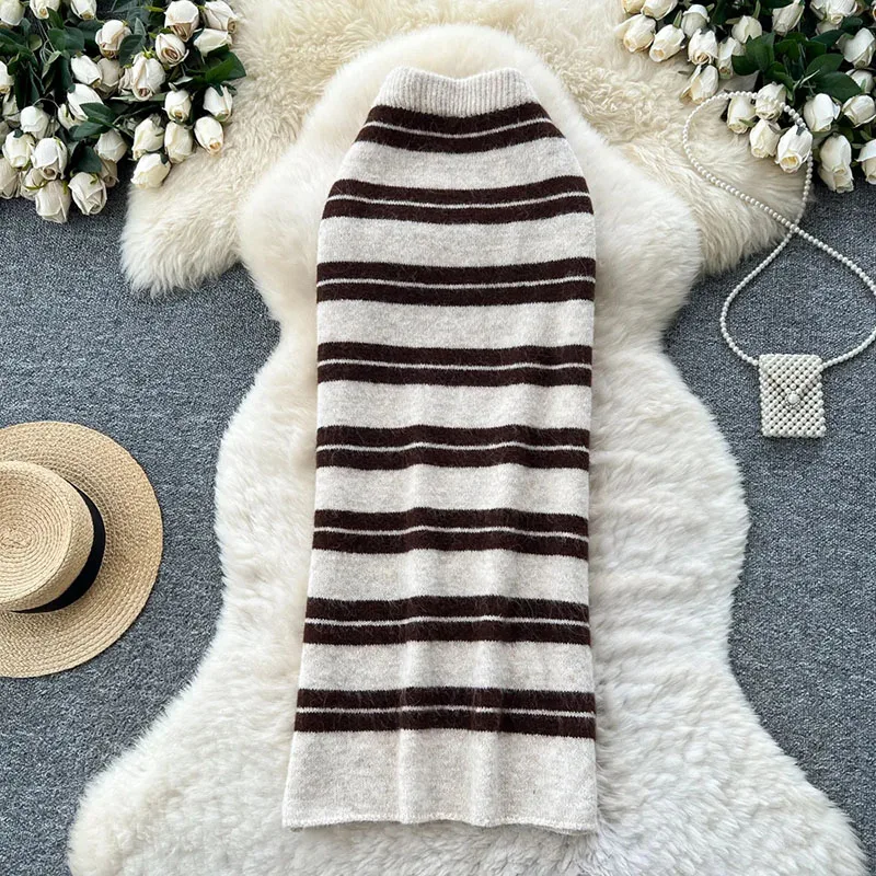 

Stripe Knitted Bodycon Skirt Autumn Color Block Stretch High Waist Thick Warm Winter Female Simple Casual Long Skirt