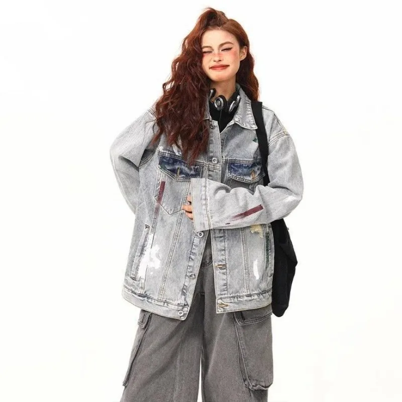 

Denim Jackets Women Trendy Couple Street Japanese Retro Distressed Loose Casual All-match Long Sleeve Coats Single Breasted Tops
