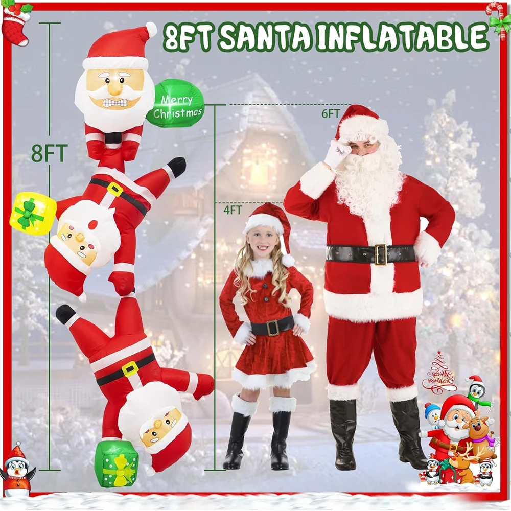 

8FT Inflatable Christmas Climbing Santa Claus with Gift Pack Built-in LED Light for Outdoor Beam Roof Tree Party Yard Xmas Decor