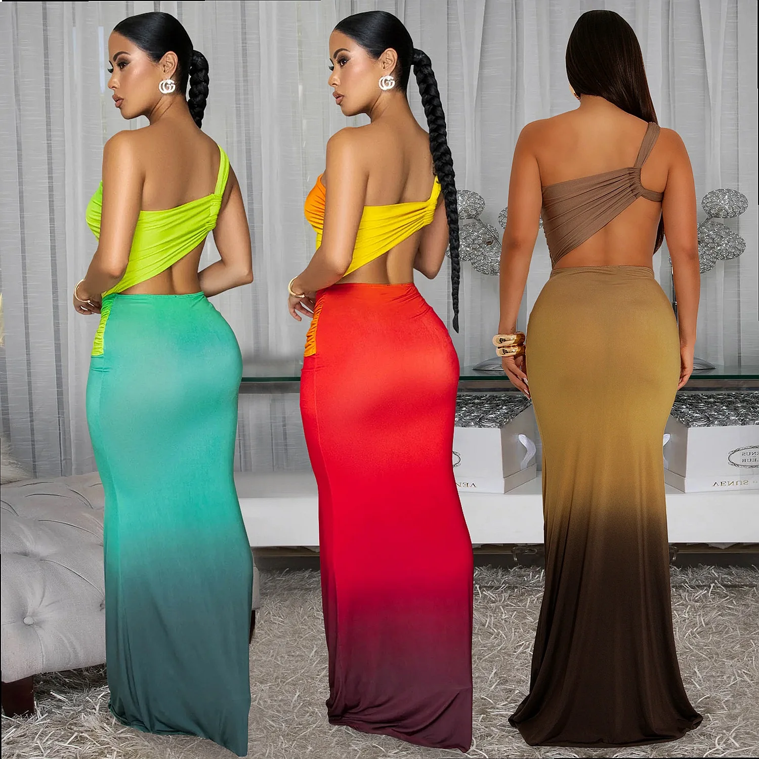 Sexy One Shoulder Gradient Dress Women Summer Party Dresses Clubwear Bodycon Slash Neck Mini Dress Elegant Vestido