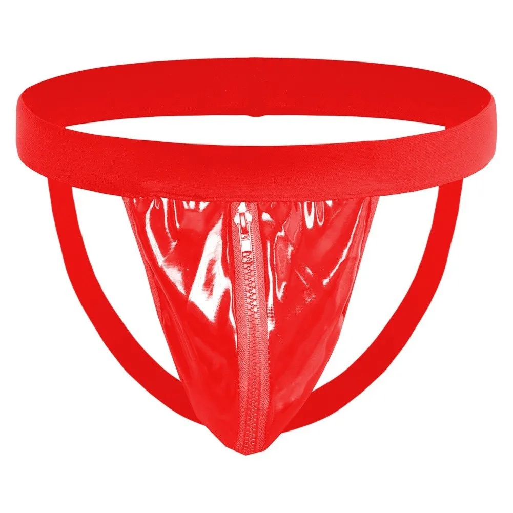Men's Shiny Patent Leather G-String Thong With Zipper Bulge Pouch Backless Low Waist Underwear Briefs Red