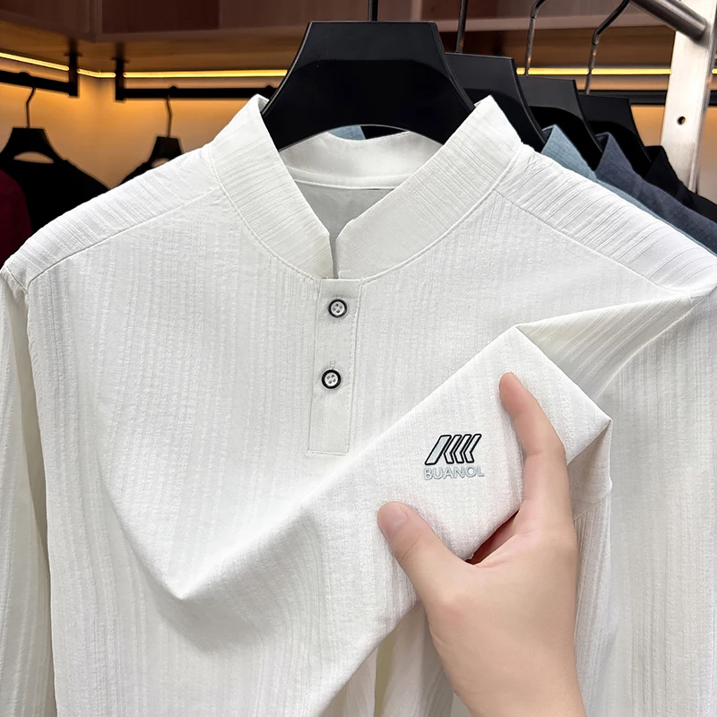 Men Mandarin Collar Faux Linen Textured Short Sleeve Shirts Business Casual Work Polos Wrinkle Resistant Breathable Workwear Man